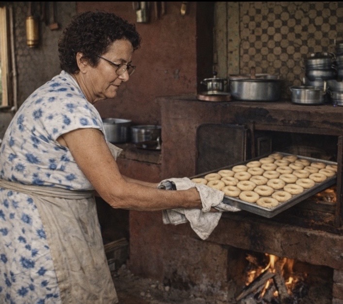 Grandmother preparing traditional cassava biscuits at the oven