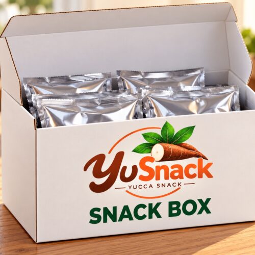 YuSnack Snack Box opened with silver snack pouches