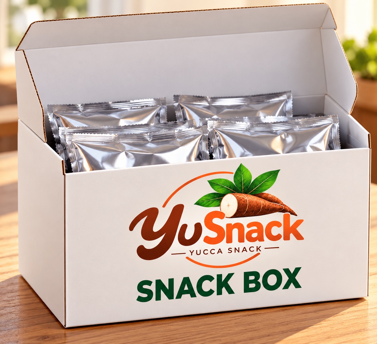 YuSnack Snack Box opened with silver snack pouches
