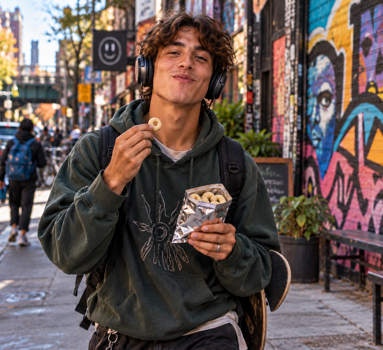 Young man enjoying a YuSnack biscuit from an individual snack pack while walking through the city